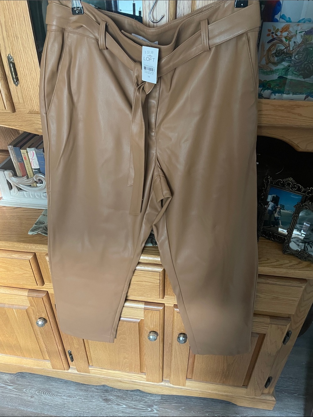 LOFT Tan Faux Leather Tie-Waist Chinos